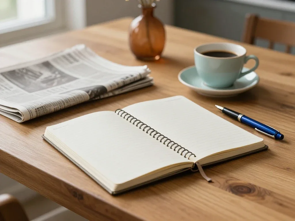 Nature morte matinale d'un carnet et café illustrant la simplicité du quotidien observé.