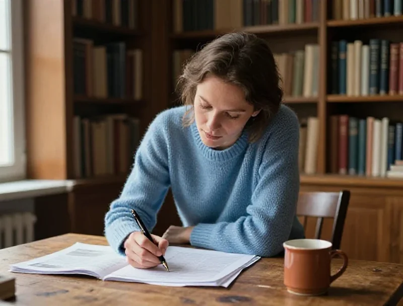 Une femme analyse des documents avec attention pour illustrer la profondeur des sujets traités.