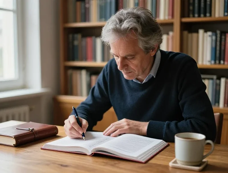 Un homme étudie attentivement un ouvrage dans une bibliothèque, illustrant l'analyse approfondie du blog.