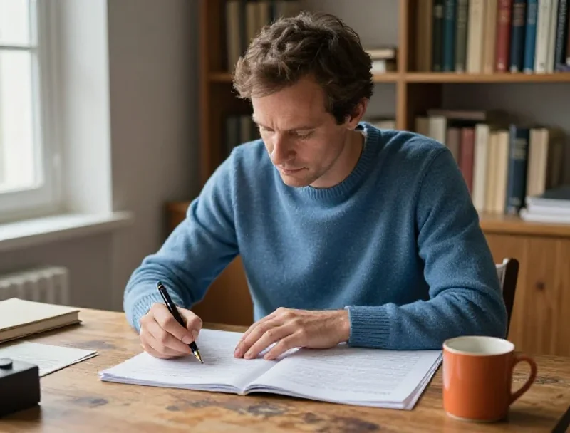 Un homme français approfondit ses recherches sur un bureau, illustrant la précision et la profondeur éditoriale.